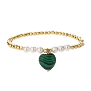 Detail of beaded bracelet with pearls, gold beads and a green malachite heart charm