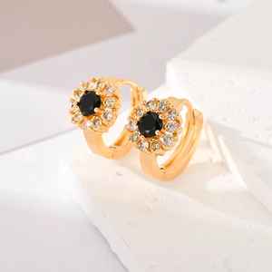 Exquisite gold floral hoop earrings with black gemstone and white cubic zirconia accents