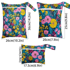 Three sizes of waterproof diaper bags with floral prints and detailed dimensions