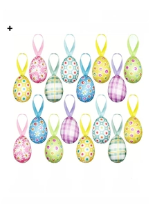 Set of 24 decorative Easter eggs with floral patterns and ribbons for hanging