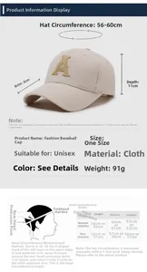 Detailed size chart and measurement guide for the embroidered letter baseball cap