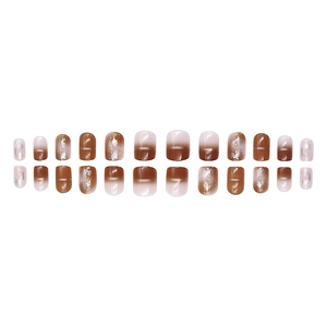 Short square ombre press-on nails with silver metallic lines and foil flakes 24pcs set