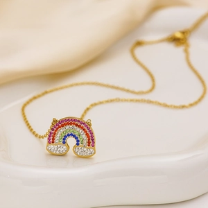 Rainbow pendant necklace with multi-colored crystals and gold-plated chain for women