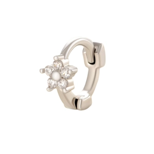 Sleek silver flower huggie hoop earring with micro-paved sparkling zircon stones