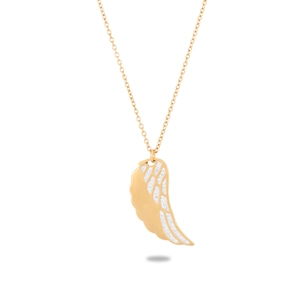 Détail d'un pendentif aile en acier inoxydable plaqué or 18K avec zircons blancs