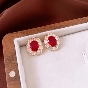 18K gold plated oval ruby earrings with zircon halo in a luxury velvet jewelry box