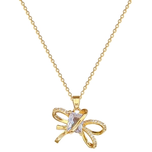 Elegante collana a fiocco in acciaio al titanio dorato con zircone rettangolo e brillantini