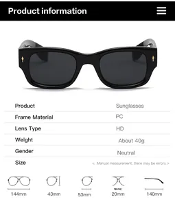 Detailed size chart for rectangular PC sunglasses showing 144mm width and 43mm height