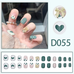 Cute heart and bow morandi green press-on nails set with cow print and polka dot designs