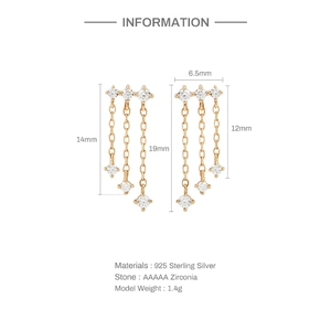Detailed size specifications for sterling silver tassel earrings with AAAAA zircon stones