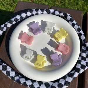 Lot de 8 mini pinces à cheveux ours et chat en acétate pastel sur une assiette blanche