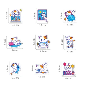 Detailed size guide for 9 cute waterproof cartoon cat stickers in various poses