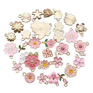 Pink enamel cherry blossom flower charms with gold plating and rhinestones for DIY jewelry