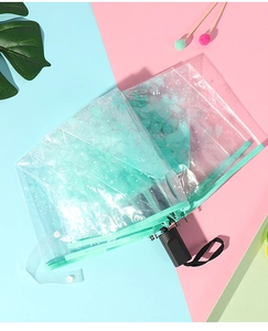 Detail view of transparent folding umbrella featuring delicate mint green cherry blossoms