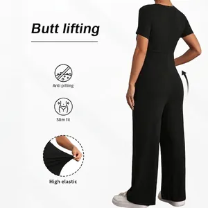 Slim fit black wide leg jumpsuit with high elastic ribbed fabric and butt lifting design