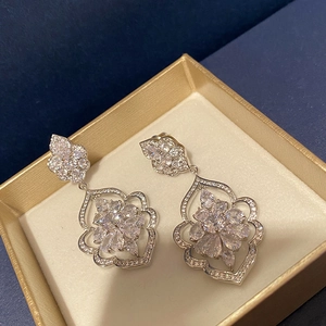 Exquisite hollow floral zircon drop earrings for women in a premium jewelry gift box