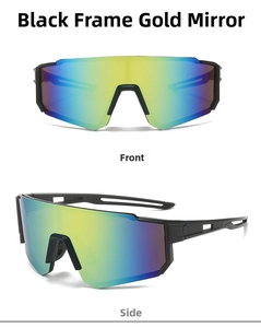 Front and side view of sports cycling sunglasses with black frame and gold mirrored lens