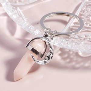 Moon and pink hexagonal crystal pillar keychain accessory for bags and car keys