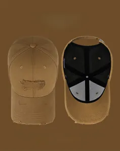 Detail of khaki cotton baseball cap with Thinking WISHFUL embroidery and distressed edges