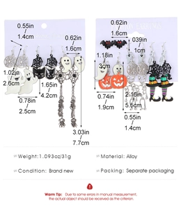 Detailed size chart and weight specifications for Halloween alloy earring set