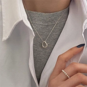 Minimalist 925 sterling silver heart pendant necklace with polished bead ring set