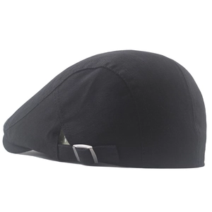 Detail view of the black beret hat showing the adjustable silver metal buckle on the side
