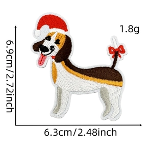 Detailed view of Beagle embroidery patch with dimensions 6.9cm by 6.3cm and Christmas hat