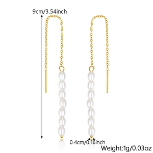Detailed view of long gold S925 silver chain earrings with white pearls and dimensions