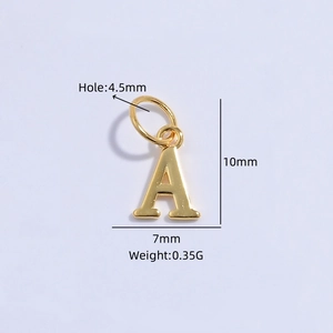 Colgante letra A en plata de ley S925 bañada en oro, altura 10mm y agujero 4,5mm