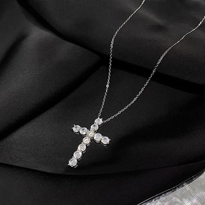 Sparkling silver stainless steel cross necklace with clear zircon stones on black silk