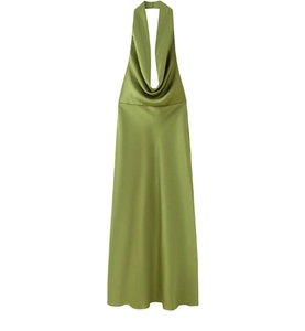 Detail of green satin halter midi dress featuring a draped cowl neck and silk texture