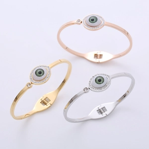 Polished stainless steel Evil Eye bracelets in gold, rose gold and silver with rhinestones