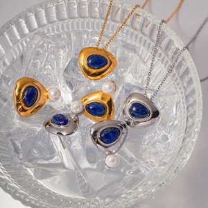 French vintage titanium steel necklace with blue lapis lazuli and white pearl in ice