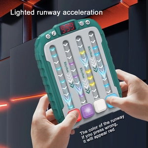 Electronic rhythm game machine with LED lighted runway and digital score display