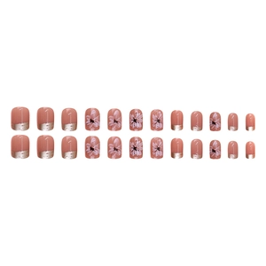 Pink press-on nails set with hand-painted white flowers and silver foil French tips