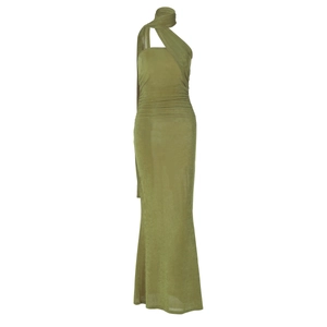 Detailed close-up of olive green bodycon maxi dress with waist pleats and shiny fabric