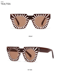 Detail of square tea sunglasses with decorative silver sunburst studs on brown frames