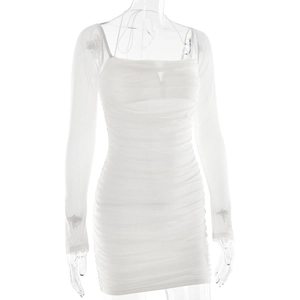 Detail of white mesh ruched long sleeve mini dress with built-in slip on mannequin