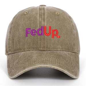 Vintage washed khaki cotton baseball cap with purple FedUp 3D embroidery detail