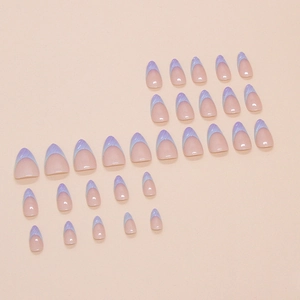 Blue and purple almond shaped press-on nails with marble and French line designs