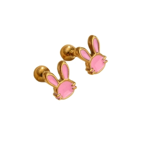 Boucles d'oreilles lapin en acier titane doré avec émail rose et fermoir à vis