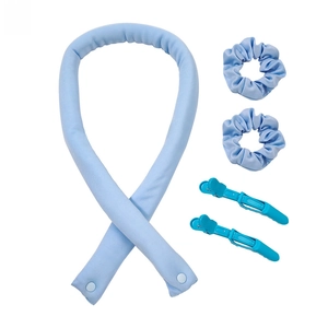 5-piece light blue heatless hair curler set with satin rod, scrunchies, and duckbill clips