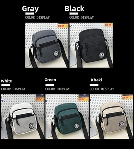 Collage of nylon crossbody bags in grey, black, white, green, and khaki with adjustable strap