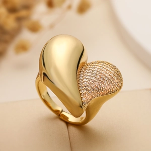 Luxury 18K gold plated oversized heart ring with split polished and pave zircon design