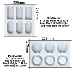 Detailed dimensions for 6-cavity square and round silicone soap molds for DIY crafts