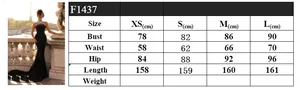 Detailed size chart for black halter fishtail evening dress showing bust and waist data