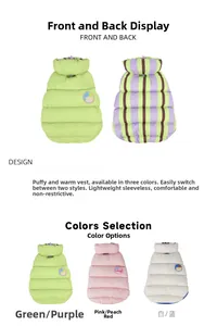 Detail of reversible pet vest showing three dual-color options and quilted warm texture