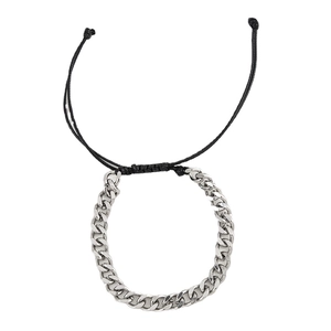 Men's hip-hop stainless steel Cuban link bracelet with adjustable black braided rope cord