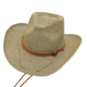 Western Cowboy Straw Hat Hand Woven Wide Brim Breathable Mesh Summer Beach Sunshade Windproof Rope Retro Jazz Style