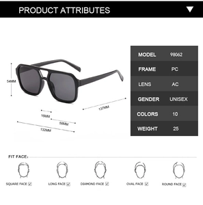 Detailed size specifications for square double bridge retro sunglasses with PC frame